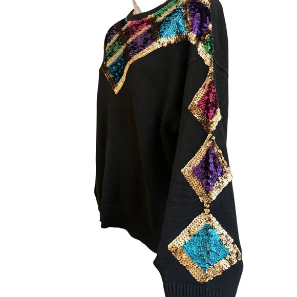 RARE Vintage RAVE Harlequin Sequin Sweater | Black Knit | Size L - Picture 6 of 10